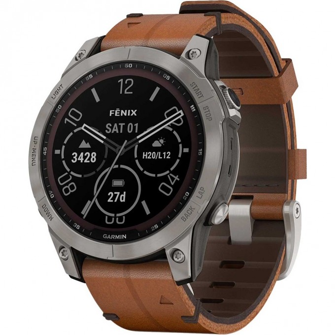 Часы GARMIN FENIX 7 Sapphire Solar титановый черный с коричневым кожаным ремешком 010-02541-19G